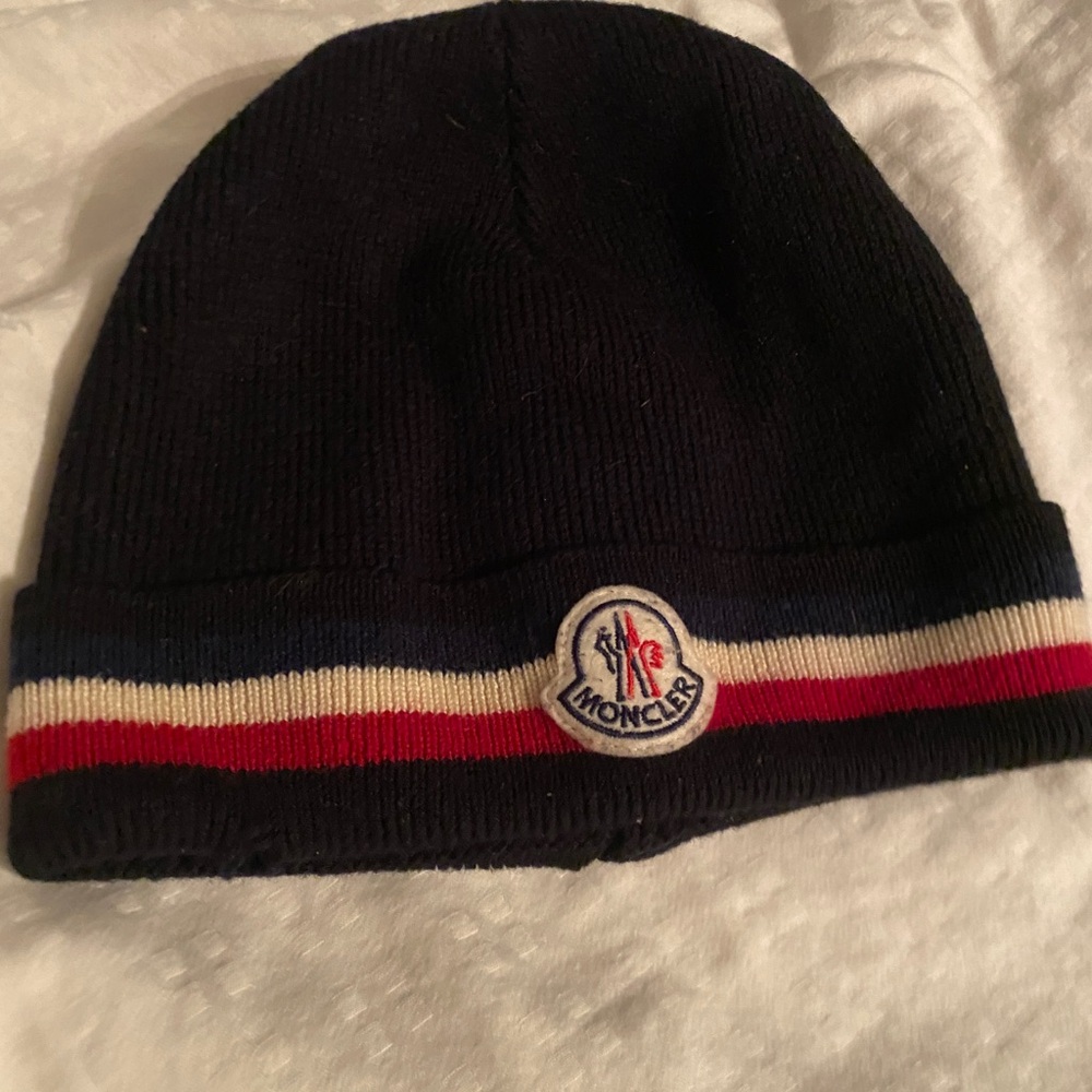 Moncler Black Knit Beanie with Red and White Stripes